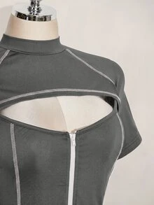 SHEIN ICON 女款大尺碼拼色鏤空休閒日常穿搭T恤 - 灰色 - 查看 8