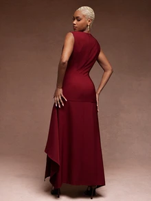 Vixey Women's Elegant Pleated Asymmetrical Hem Dress - Burgundy - View 2