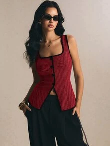 Poéselle 女款復古拼色鈕扣優雅背心，適合度假穿著 - 紅色和黑色 - 查看 3