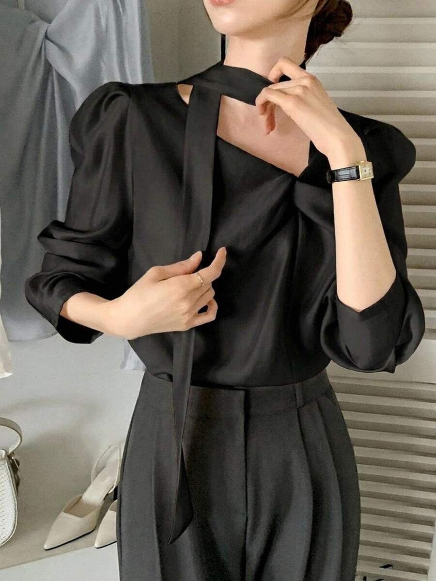 DAZY 女款綁帶優雅韓風長袖春夏襯衫 - 黑色 - 查看 1