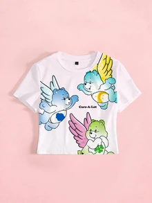 SHEIN X Care Bears 女款夏季休閒卡通印花修身短版T恤 - 白色 - 查看 3