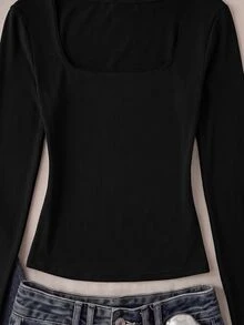 SHEIN Tween Girl 女童長袖 T-Shirt，彈性領口修身剪裁，百搭簡約舒適款 - 黑色 - 查看 6