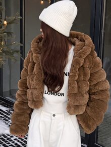 1pc Girls Soft Fuzzy Jacket, Elegant & Noble Long Sleeve Short Slim Fit Hooded Coat, Suitable For Autumn/Winter - Brown - View 1