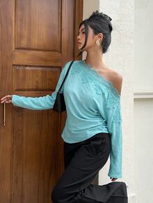 Siren Gaze Women's Textured Pleated Waist Lace Patchwork Top Turquoise,Teal Blue,Light Blue - Mint Blue - View 6