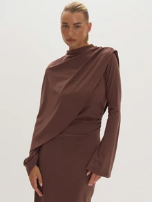MUSEYN Gaun Maxi Cape Jersey Cokelat, Gaun Kencan Abadi, Musim Gugur Terbaru - Coffee Brown - View 5