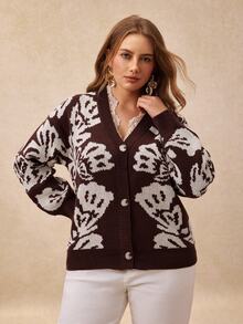 Écloséra Curve Women's Autumn New V-Neck Jacquard Pattern Fashion Elegant Lace Trim Splicing Regular Fit Daily Versatile Knit Cardigan With Metal Buttons Plus Size Sweater - Coffee Brown - View 1