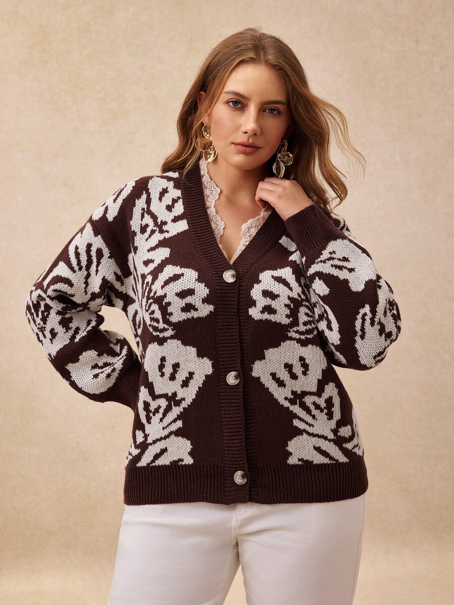 Écloséra Curve Women's Autumn New V-Neck Jacquard Pattern Fashion Elegant Lace Trim Splicing Regular Fit Daily Versatile Knit Cardigan With Metal Buttons Plus Size Sweater - Coffee Brown - View 1