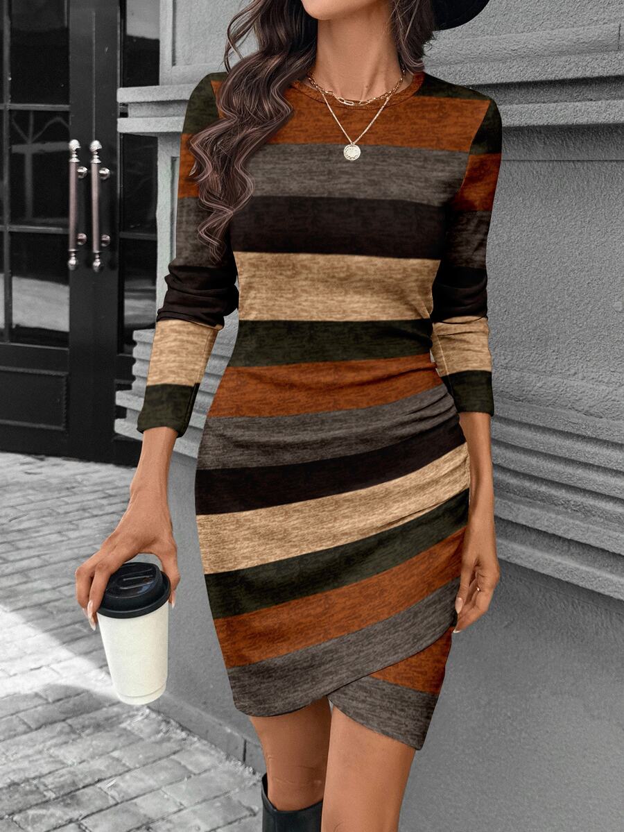 Comfylo Casual Spring Colorblock Ribbed Long Sleeve Fitted Waist Ruched Ribbed Elegant Plus Size Women's Short Dress Autumn/Winter - Multicolor - View 1