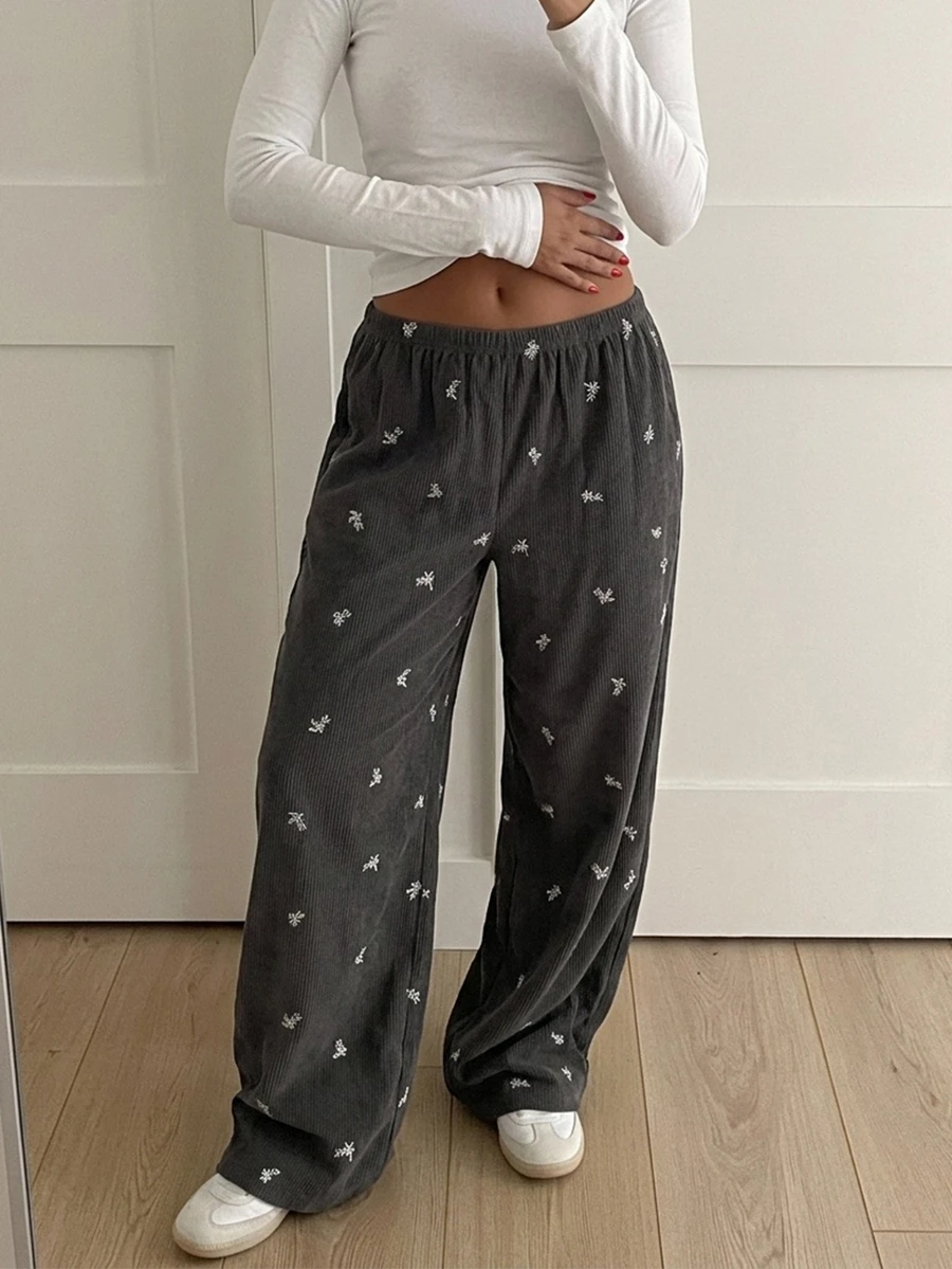 Livesso Women's Fashion Embroidered Pleated Loose Long Pants For Daily Wear - Dark Grey - View 1