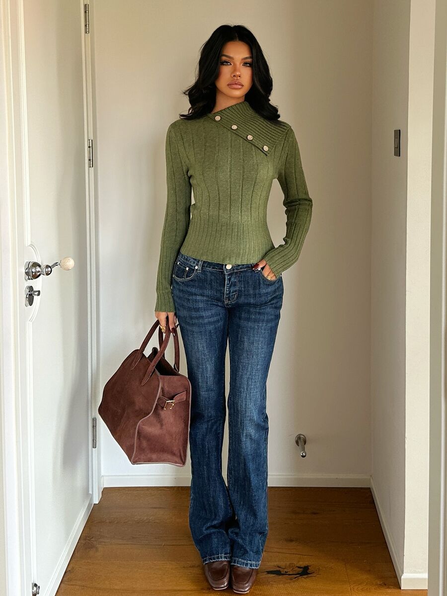Aloruh Women's Ribbed Asymmetric Neckline Button Long Sleeve Sweater - Green - View 1