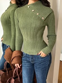 Aloruh Sweater Lengan Panjang Wanita dengan Kerah Asimetris Bergaris dan Kancing - Hijau - View 4
