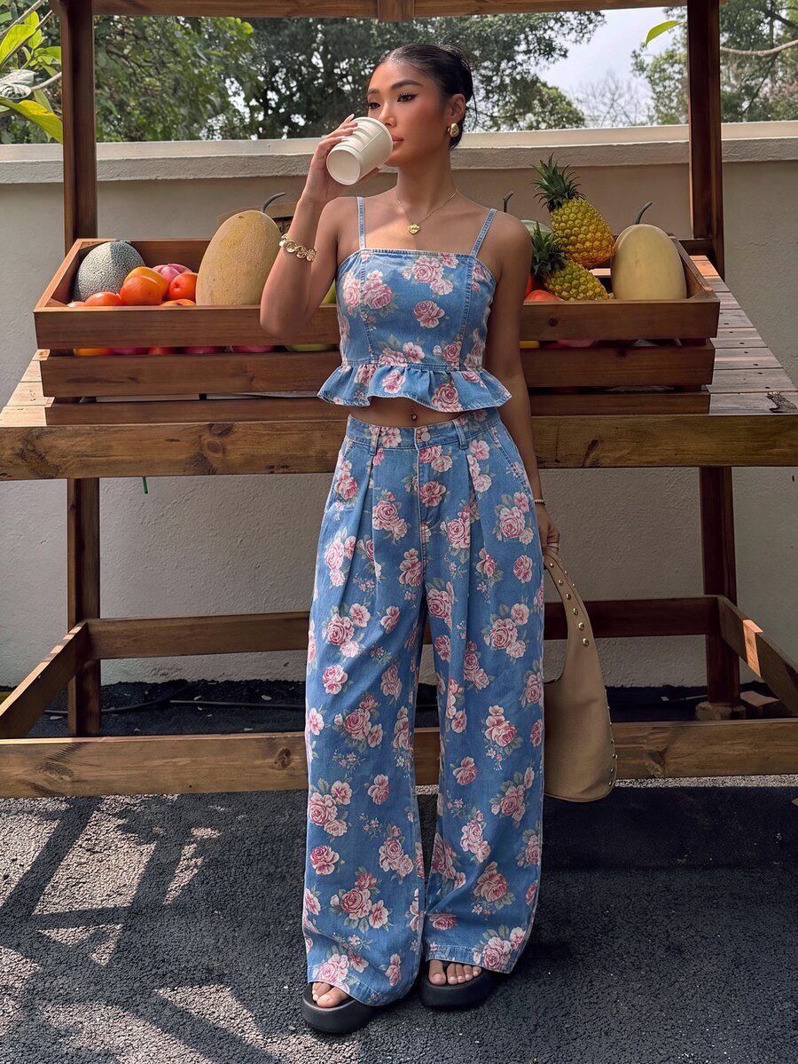 Muchica 女款花卉印花細肩帶上衣與長褲休閒日常牛仔套裝 - 彩色 - 查看 1