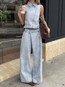 DAZY Light Blue Lapel Sleeveless Single-Breasted Waist-Cinching Denim Vest Paired With Loose Wide-Leg Denim Pants Set - Blue - View 2