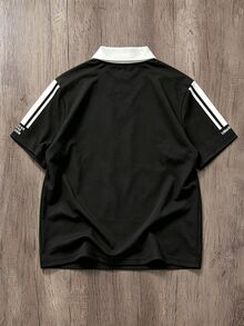 OldRiff 美式學院風拼色短袖 Polo 衫，適合日常休閒街頭穿搭，針對追求個性化且偏好美式運動風格的年輕男性與大學生 - 黑色 - 查看 4
