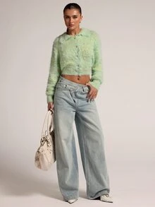 SHEIN BAE New Fashion Hot Girl Style Faux Mink Fur Collar Shell Button Fitted Long Sleeve Cinched Waist Cropped Sweater For Women - Mint Green - View 1
