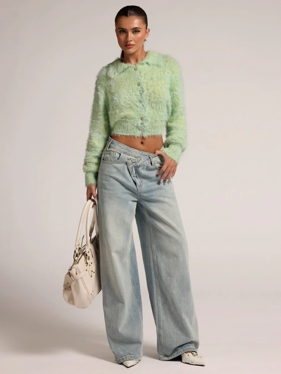 SHEIN BAE New Fashion Hot Girl Style Faux Mink Fur Collar Shell Button Fitted Long Sleeve Cinched Waist Cropped Sweater For Women - Mint Green - View 1