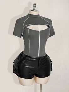 SHEIN ICON 女款大尺碼拼色鏤空休閒日常穿搭T恤 - 灰色 - 查看 7