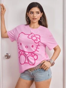 HELLO KITTY AND FRIENDS | SHEIN Women's Cartoon Print Casual Daily Short Sleeve T-Shirt - Pink - View 6