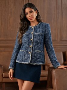 Anewsta Autumn/Winter New Elegant Vintage Party Evening Exquisite High-End Open Front Women's Overcoat - Blue - View 5