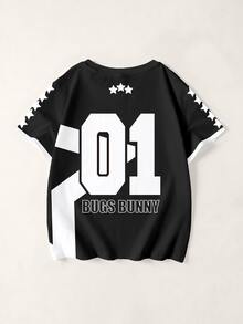 LOONEY TUNES X SHEIN 青少年男孩休閒卡通印花圓領短袖T恤 - 白色 - 查看 2