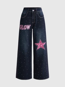 ROMWE Street Life Street Style Y2K Sweet & Cool Pink Leopard Print Star Rhinestone Wide Leg Women's Jeans - Dark Wash - View 1