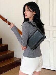 DAZY Women's Exquisite Style Pearl Button Lace Trim Fitted Sweater - Grey - View 6