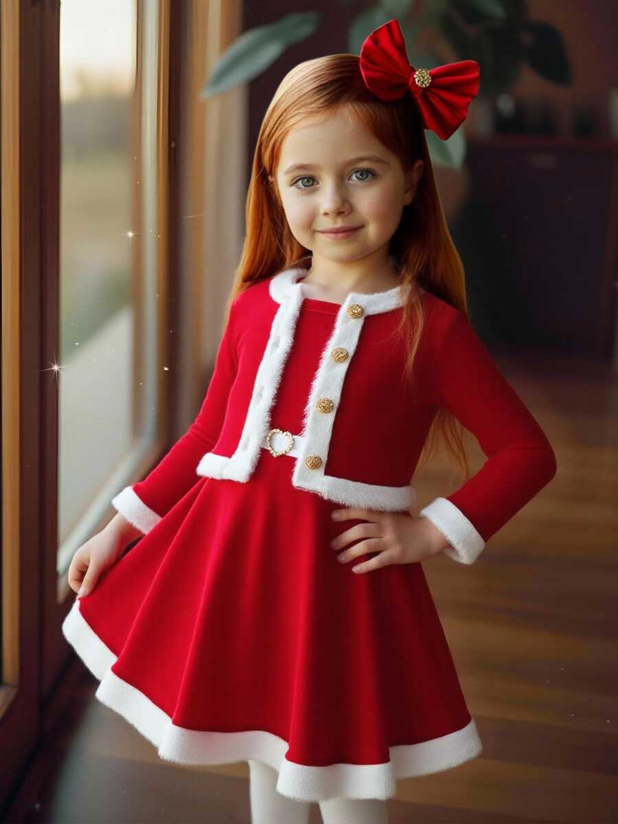 SHEIN Set 2 Potong Gaun Kasual Tanpa Lengan Leher Bulat dengan Kerah dan Kardigan, Motif Patchwork Rajut Warna Kontras untuk Bayi Perempuan dan Hiasan Bulu Imitasi - Red and White - View 1