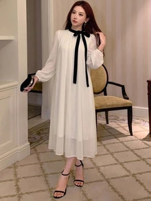 DAZY 春夏秋女款寬鬆A字中長洋裝，彼得潘領，泡泡短袖，黑色蝴蝶結，白色雪紡 - 米色 - 查看 3