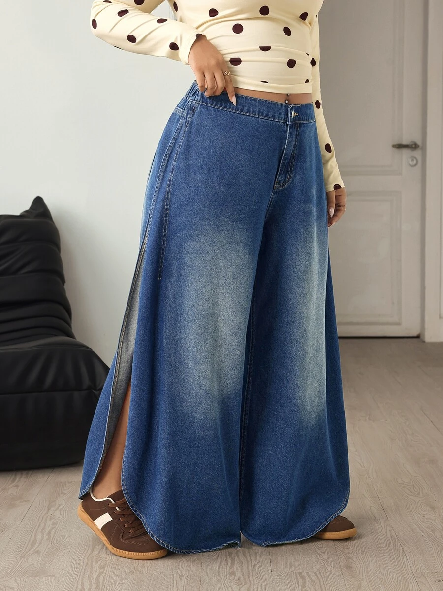 Flexra Plus Size Women Casual Denim High Slit Wide Leg Pants - Blue - View 1