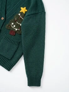 Grovea Plus Size 3D Christmas Tree Knit Cardigan Women V-Neck Button-Up Long Sleeve Green With Pockets Sweater Jacket Holiday Casual Knit Top - Green - View 4