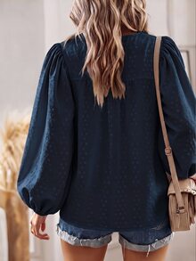 SHEIN Holidaya 女款休閒優雅極簡紋理布料圓領長袖上衣，秋冬春季度假T恤 - 藏蓝色 - 查看 2