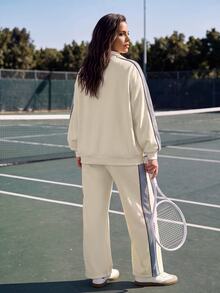 EMERY ROSE Plus Size Zip-Up Half-Placket Long Sleeve Sweatshirt And Striped Colorblock Pants With Pockets 2 Pieces Set - Beige - View 7