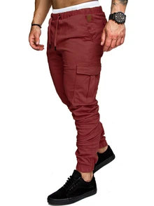 Manfinity Roughcore Men's Casual Drawstring Waist Pocket Cargo Pants - Burgundy - View 3
