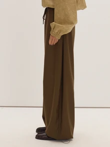 MUSEYN Khaki Woven Elasticated Drawstring Balloon Leg Toggle Pants Versatile Everyday Casual Fall - Brown - View 3