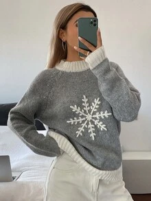DAZY Women's Colorblock Snowflake Jacquard Loose Long Sleeve Casual Retro Christmas Korean Style Fall/ Pullover Knit Sweater Everyday Grey - Grey - View 3
