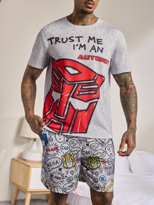 Transformers X SHEIN Men's Round Neck Short Sleeve T-Shirt And Shorts Loungewear Set Evergreen - Grey - View 6