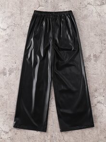 SHEIN 青少年男孩時尚寬鬆PU材質口袋長褲，適合戶外旅行 - 黑色 - 查看 5