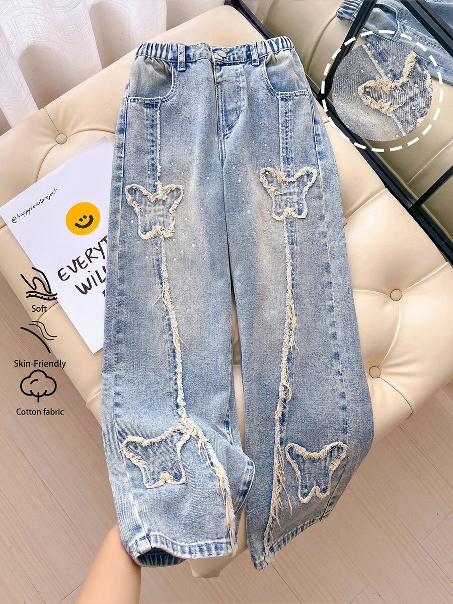 SHEIN Summer Jeans Girlism Y2K Decadent Punk Style Girl's Loose Star Patchwork Colorblock Wide Leg Denim Pants, School, Streetwear Autumn Winter - Blue - View 1
