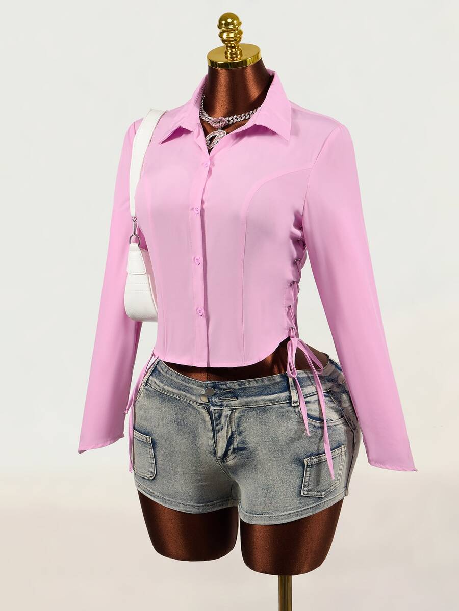 Mistrie Women's Fashion Button Cinched Waist Long Sleeve Shirt - Pink - View 1