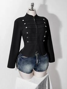 SHEIN ICON 女款大尺碼休閒百搭日常穿著長袖外套 秋季 - 黑色 - 查看 8