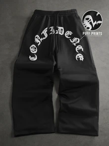 SLATEMANN 男士字母印花休閒日常運動長褲 - 黑色 - 查看 1