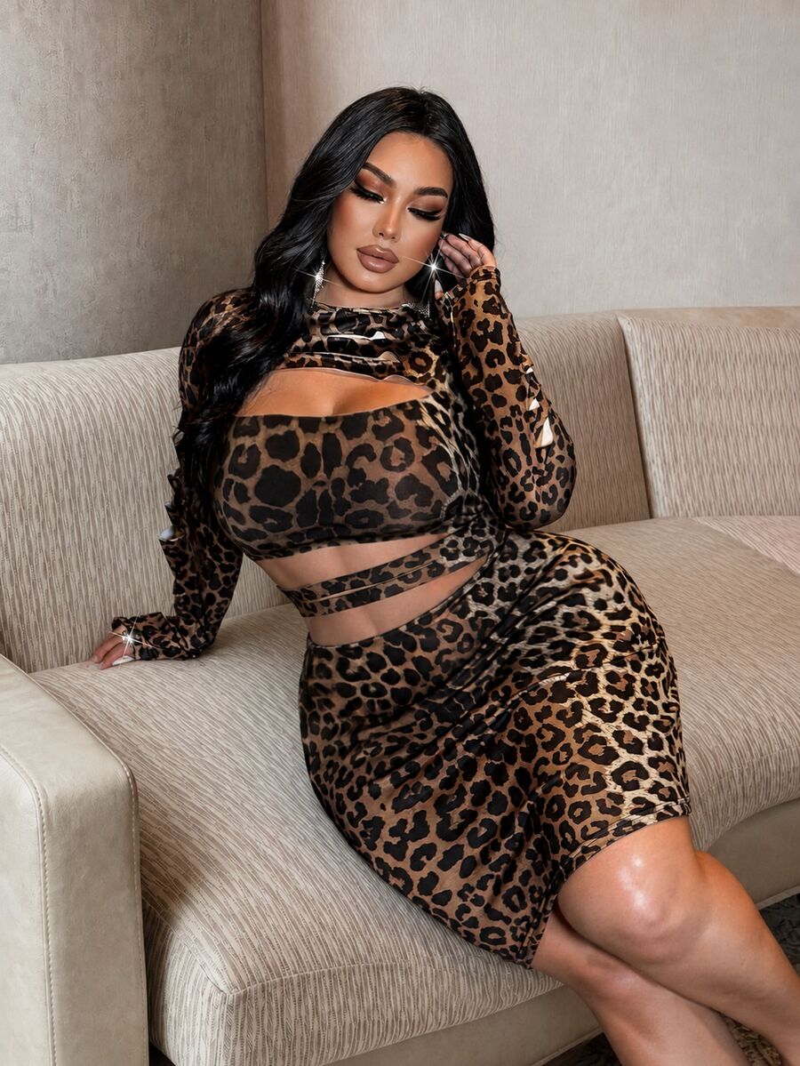 NU&NOW Plus Size Leopard Print Hollow Out Distressed Long Sleeve Bodycon Dress - Multicolor - View 1