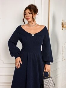 Modelyn Plus Size Elegant Rhinestone Decorated Pleated Sweater Dress - Navy Blue - View 6