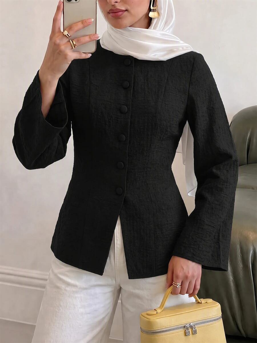 Solavon Women's Solid Color Casual Daily Wear Arabic Style Top - Black - View 1