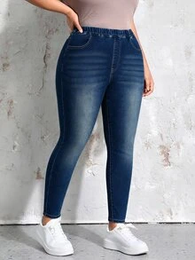 EMERY ROSE Plus Size Fashion Versatile Pocket Elastic Waist Denim Jeans - Dark Wash - View 1
