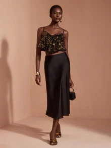 JIAN LASALA Black And Golden Adjustable Strap Sequin Loose Short Top Casual Elegant Party Vacation - Black and Gold - View 5
