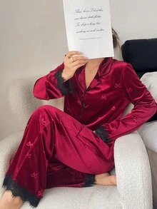 Napfluff Lace Trim Bow Jacquard Velvet Cardigan And Pants Women's Pajama Set Autumn/Winter Burgundy Pajama Set Comfortable And Elegant Detail Design - Burgundy - View 7