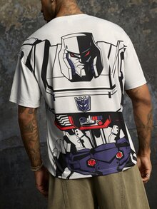 Transformers X SHEIN تي شيرت كاجوال رجالي بياقة دائرية وأكمام قصيرة بلون أخضر داكن - رمادي - مشاهدة 3
