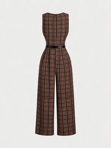Skyraze Women's Fashion Commuter Plaid Sleeveless Jumpsuit - Mocha Brown - View 2