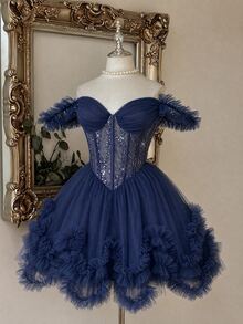 Lovelzi Women's Ruffle Mesh Ruffle Waist Sequin Design Glamorous Ball Gown Dress - Navy Blue - View 5